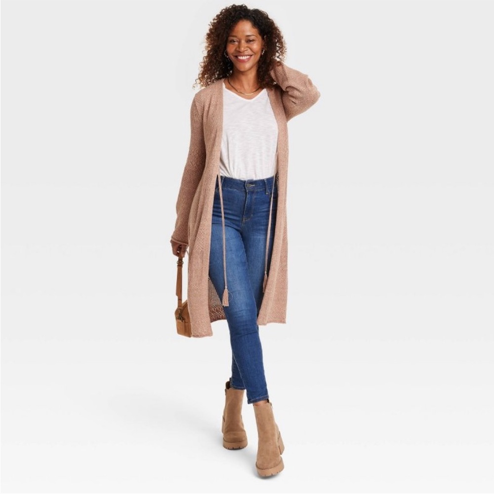 NWT Tan Pointelle Duster Cardigan with Tassle Front Tie Closure